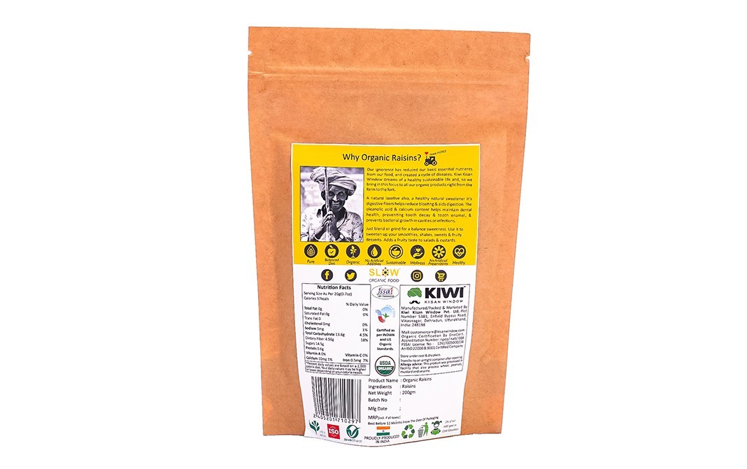 Kiwi Kisan Window Organic Raisins    Pack  200 grams